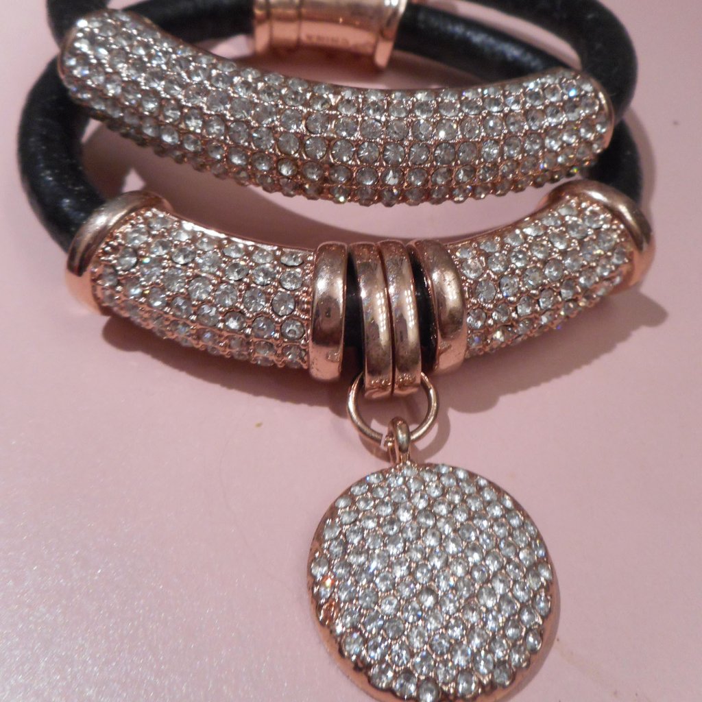 Joan Boyce Set Of 2 Black Leather & Rose Gold Pave Barrel-Rolled Bracelets! 6.5
